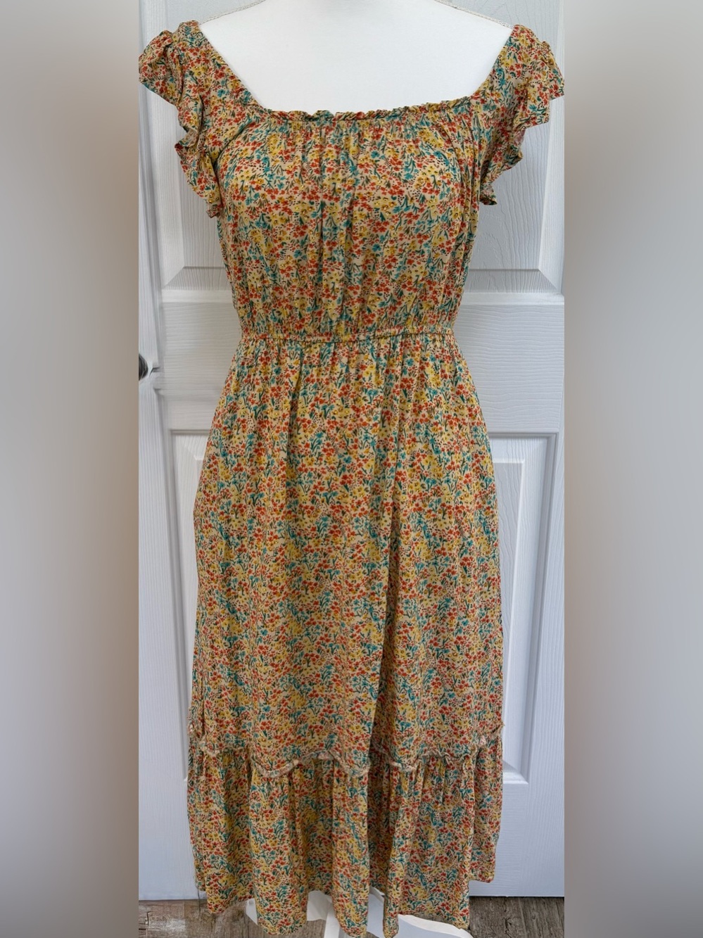 Hayden Los Angeles Floral Smocked Waist Midi Dress in Retro Peach